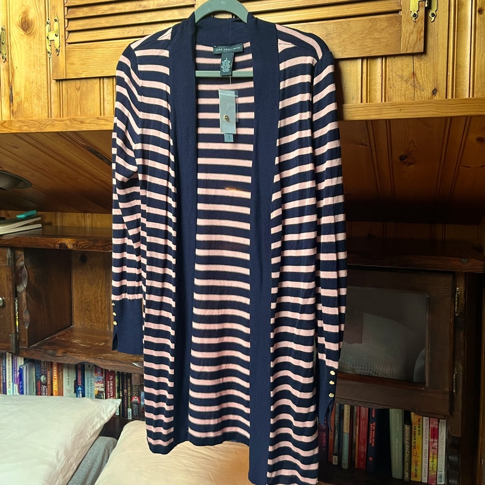 Joan Vass Long Navy Striped Cardigan w/ gold wrist detail new small Navy & Pink